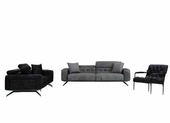 Wohnzimmer Schwarz-Graue Couchgarnitur Moderner 3-Sitzer Sessel Zweisitzer von JV Moebel