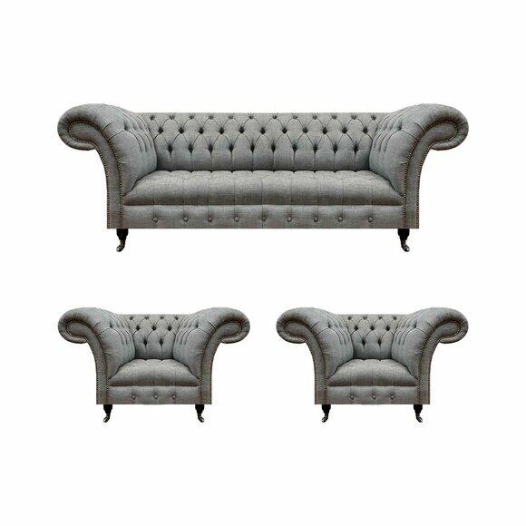 Wohnzimmer Set 3tlg Chesterfield Sofas Grau Textil Polstermöbel 2x Sessel Wohnzimmer Set 3tlg Chesterfield Sofas Grau Textil Polstermöbel 2x Sessel von JV Moebel