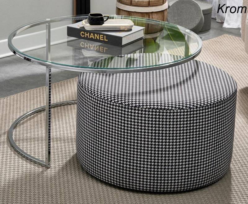 Wohnzimmer-Set Couchtisch Glas und Metall + gepolsterter Sitzhocker von JV Möbel