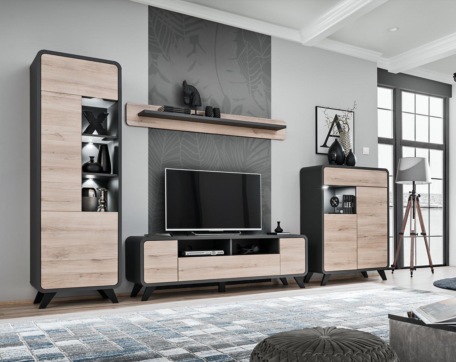 Wohnzimmer Set Wandregal TV-Ständer Holzmöbel 2x Vitrine Wohnwand Neu von JV Möbel
