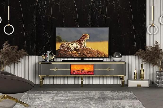 Wohnzimmer TV Lowboard Grau Kamin RTV Sideboard Metall + MDF Exklusiv Wohnzimmer TV Lowboard Grau Kamin RTV Sideboard Metall + MDF Exklusiv von JV Möbel