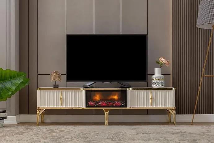 Wohnzimmer TV-Lowboard weiß + gold MDF Sideboard Metall RTV Luxus Neu von JV Möbel