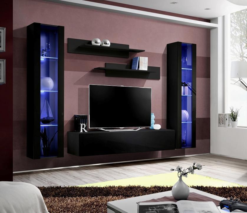 Wohnzimmer Wohnwand Lowboard Holz Wand Regale Design Schwarz Modern Set 5tlg von JV Möbel