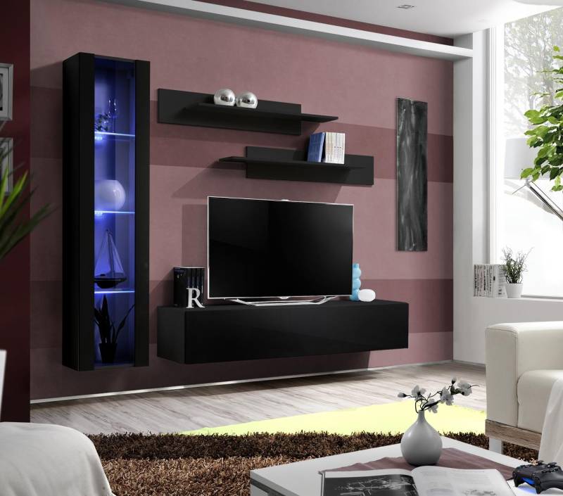 Wohnzimmermöbel Schwarz Komplett Set Wohnwand Designer Hänge Vitrine Möbel von JV Möbel