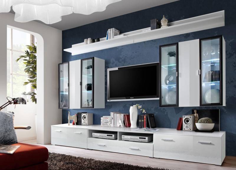 Wohnzimmermöbel Set Designer Wohnwand Einrichtung Wandschrank Weiß von JV Möbel