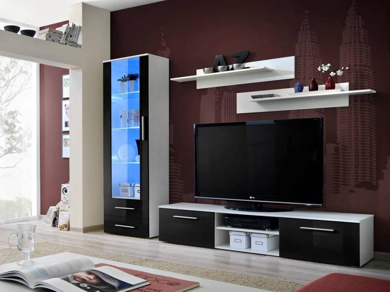 Wohnzimmermöbel Weiß Wohnwand Sideboard TV-Ständer Vitrine Hochglanz Regale von JV Möbel