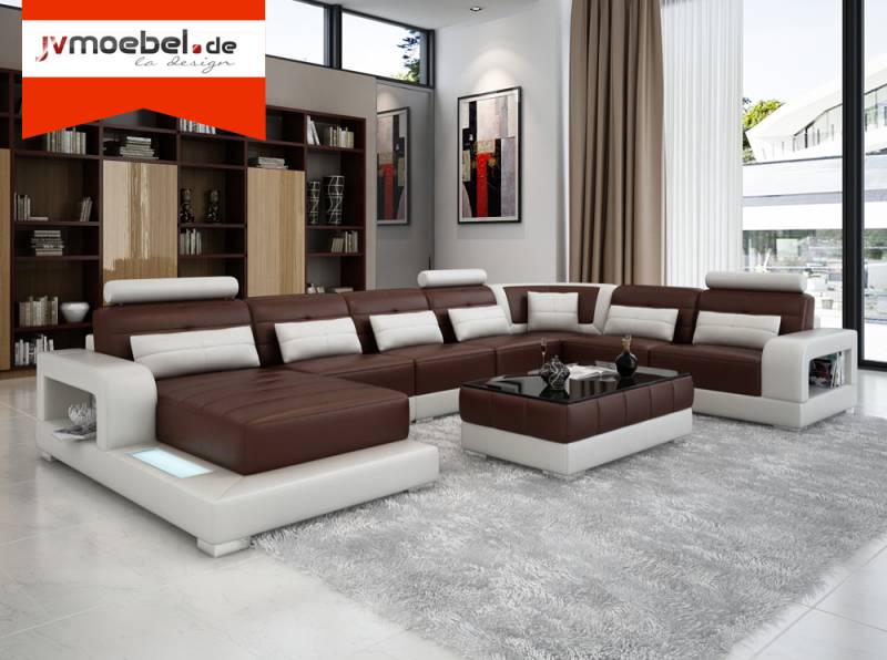 XXL Big Wohnlandschaft Sofa Couch Polster Eck Leder Sofa Garnitur Couchen +Licht von JV Möbel