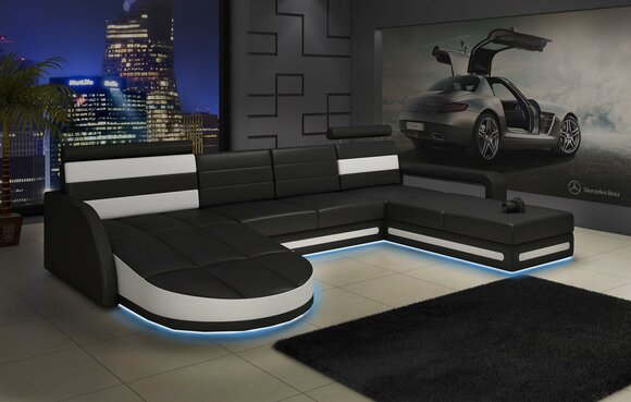XXL WOHNLANDSCHAFT COUCH GARNITUR DESIGN ECKCOUCH Schwarz LEDERSOFA mit USB Neu von JV Möbel
