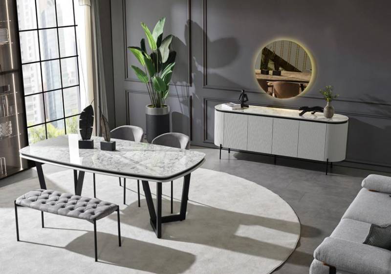 Zeitlos Esstisch mit 2x Stühle Bequem Hocker Kommode mit Spiegel Essgruppe Zeitlos Esstisch mit 2x Stühle Bequem Hocker Kommode mit Spiegel Essgruppe von JV Möbel