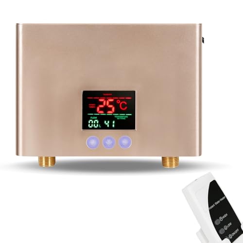 Elektrischer Warmwasserbereiter Durchlauferhitzer, 3000 W Mini-Elektro-Durchlauferhitzer, LED-Anzeige, On-Demand-Warmwasserbereiter Mit Fernbedienung(Gold) von JVDDI