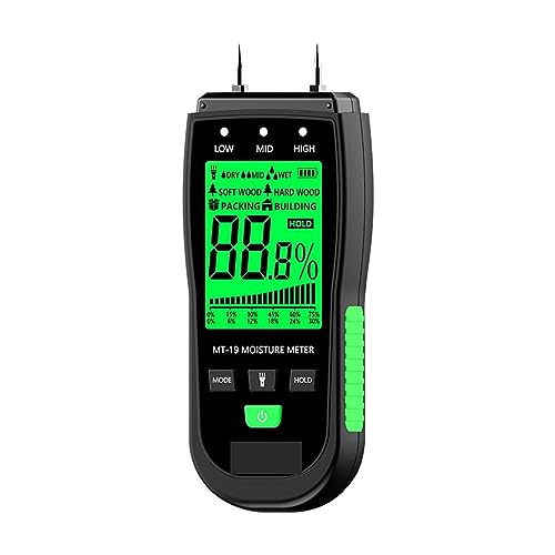 Feuchtigkeitsmesser MT-19 Holzfeuchtemessgerät, Karton-Feuchtigkeitstester, Baum-Hygrometer mit zwei Pins, LCD-Hintergrundbeleuchtung und Taschenlampe(MT19) von JVDDI