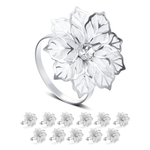 JVHLOV 12 Stück Serviettenringe Silberfarben, Silberfarbener Makramee Servietten Ringe Set mit Strasssteinen, Serviettenschnallen für Hochzeit Tischdeko, Metall Serviettenring mit Ausgehöhlten Blume von JVHLOV