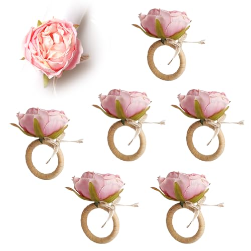 JVHLOV Handgefertigte rosa Pfingstrosen-Serviettenringe – 6er-Set mit Stoffblüte & Raffia-Gras-Ring – Ideal für Hochzeit, Dinner & Festliche Tischdekoration JVHLOV Handgefertigte rosa Pfingstrosen-Serviettenringe – 6er-Set mit Stoffblüte & Raffia-Gras-Ring – Ideal für Hochzeit, Dinner & Festliche Tischdekoration von JVHLOV