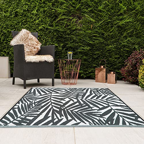 JVL Leichter wendbarer Outdoor-Teppich, Kunststoff, gewebt, 120 x 170 cm, Blätter, grau/weiß von JVL