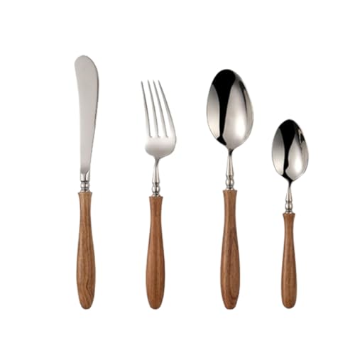 Bambusmesser, Gabeln, Besteckset mit rotem Rosenholzgriff, 32-teiliges for 8 Personen, aus 304er Edelstahl von JVNALwnkv