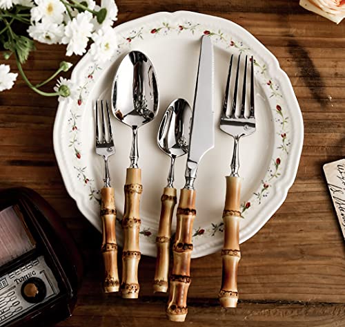 Bambusmesser-Gabeln, Bambus-Silberbesteck-Set for 4 Personen, natürliches Besteck-Set, Geschirr-Utensilien-Set, Messer, Gabeln, Löffel, Geschirr-Sets von JVNALwnkv