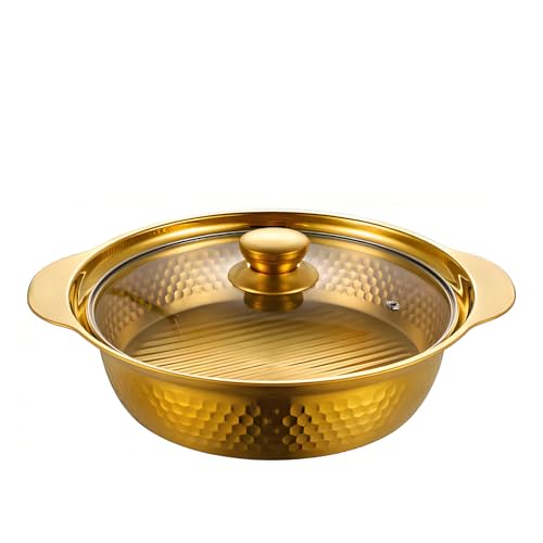 Keramik-Kochtopf, kleine Kupfertöpfe, Servierplatte aus Edelstahl, Schüssel mit Glasdeckel, Paella-Pfanne, 4 Größen, Speisetablett, Teller, Aufbewahrungsbecken(Gold,25CM) von JVNALwnkv