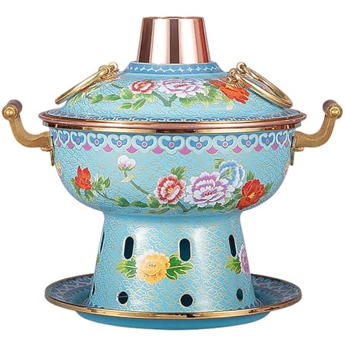 Keramik-Kochtopf, kleiner Kupfertopf, Kupfer-Hot Pot, chinesischer Holzkohle-Suppentopf, Outdoor-Hot Pot, Kupfer-Suppenkochutensilien,(Cyan Flower) von JVNALwnkv