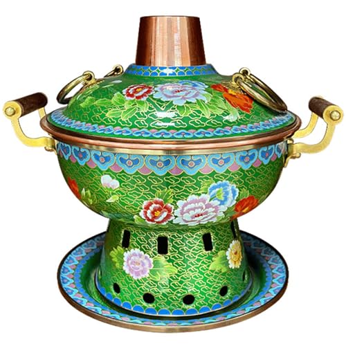 Keramik-Kochtopf, kleiner Kupfertopf, Kupfer-Hot Pot, chinesischer Holzkohle-Suppentopf, Outdoor-Hot Pot, Kupfer-Suppenkochutensilien,(Green Flower) von JVNALwnkv