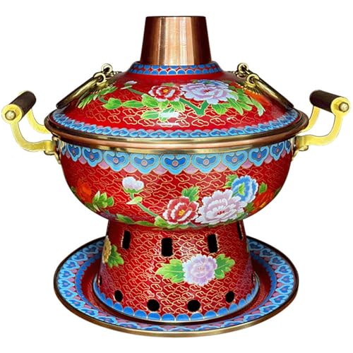 Keramik-Kochtopf, kleiner Kupfertopf, Kupfer-Hot Pot, chinesischer Holzkohle-Suppentopf, Outdoor-Hot Pot, Kupfer-Suppenkochutensilien,(Red Flower) von JVNALwnkv