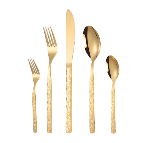 Messer und Gabel aus Edelstahl, Bambus, Besteckset mit hochwertigem Steinmuster Gold, 20-teiliges kreatives Messer und Gabel aus Edelstahl, Bambus, Besteckset mit hochwertigem Steinmuster Gold, 20-teiliges kreatives von JVNALwnkv