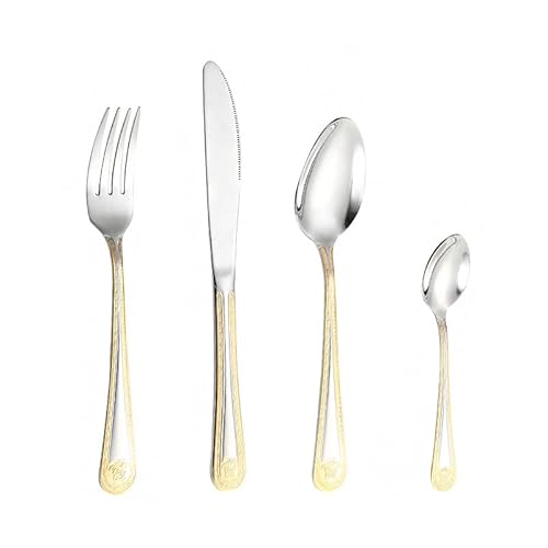Messer und Gabel aus Edelstahl, Bambus, Geschirrset mit goldenem Muster, 24-teiliges Besteckset, Löffel von JVNALwnkv