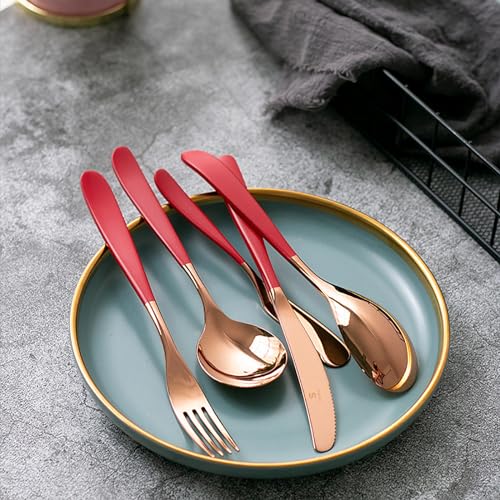 Messer und Gabel aus Edelstahl, Bambus, Rot, 30-teiliges Besteckset for 6 Personen, hochwertiges von JVNALwnkv