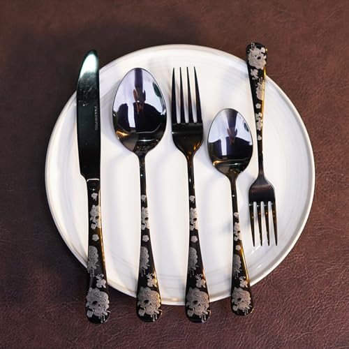 Messer und Gabel aus Edelstahl, Bambus, schwarzes 40-teiliges Besteckset for 8 Personen, lebensmittelechtem mit Rosenschädel-Schnitzerei Messer und Gabel aus Edelstahl, Bambus, schwarzes 40-teiliges Besteckset for 8 Personen, lebensmittelechtem mit Rosenschädel-Schnitzerei von JVNALwnkv