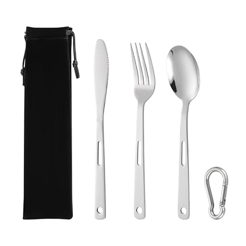 Messer und Gabel aus Edelstahl, Bambus, tragbares Besteckset, mit Stoffbeutel Messer und Gabel aus Edelstahl, Bambus, tragbares Besteckset, mit Stoffbeutel von JVNALwnkv