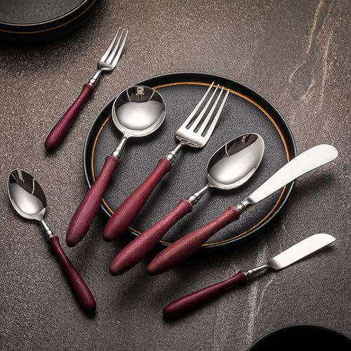 Messer und Gabel aus Edelstahl, Besteckset Bambusmessern -gabeln for 7 Personen, 35-teiliges mit violetten Holzgriffen von JVNALwnkv
