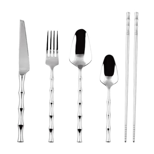 Messer- und Gabelset aus Edelstahl, Bambusmesser, Gabeln, Besteckset, 30-teiliges mit Bambusgriff for 6 Personen von JVNALwnkv