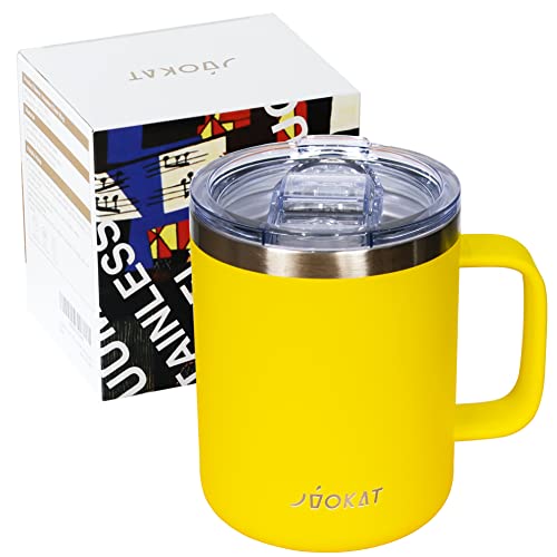 JVOKAT Thermobecher mit Henkel, 350ml, Vakuum Isolierter Becher mit Deckel, Kaffeebecher, Teetasse, Doppelwandiger Edelstahl Camping becher, Travel Mug, Bierkrug (Gelb) von JVOKAT