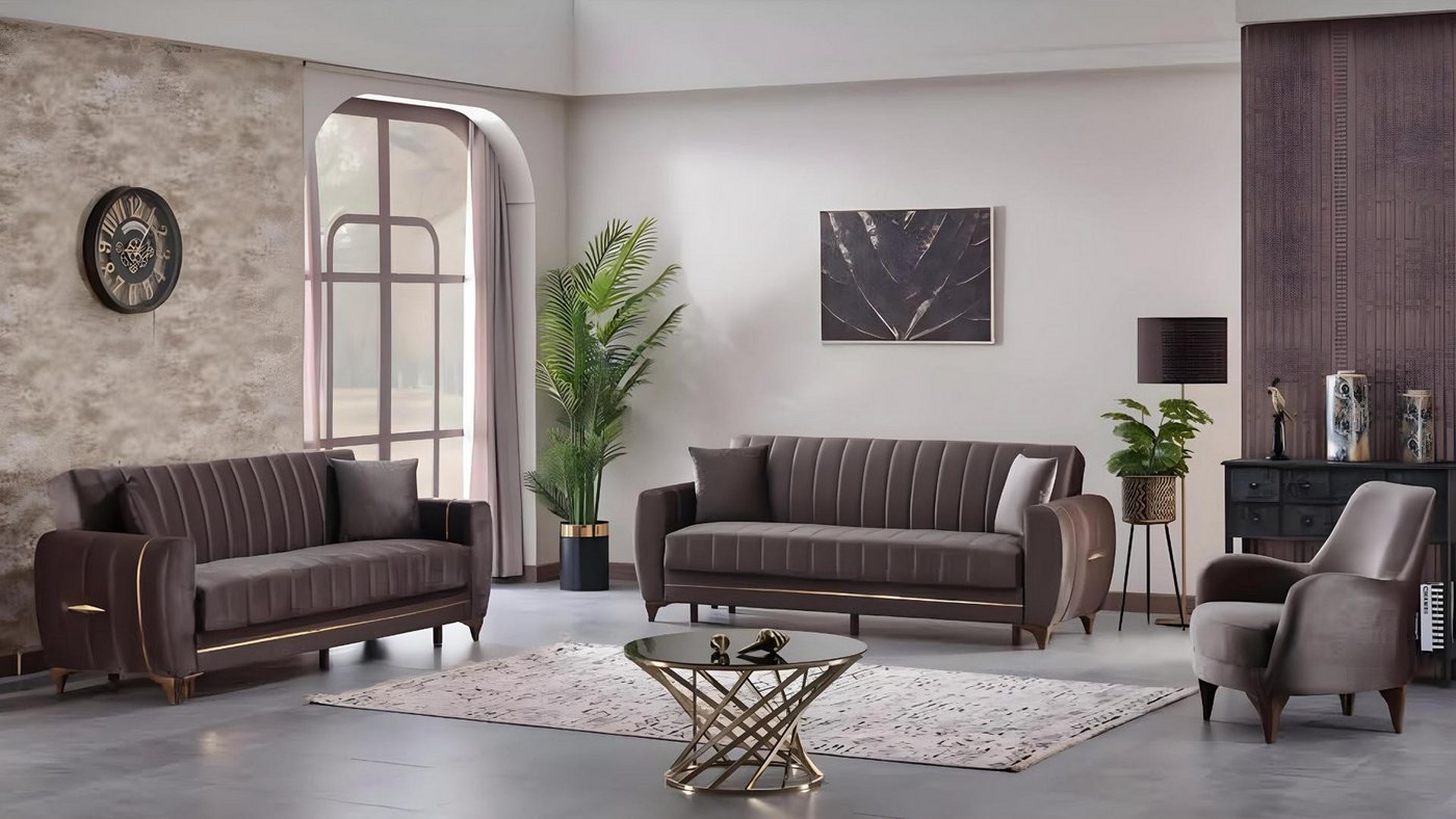JVmoebel Polstergarnitur Moderne Sofagarnitur 3tlg Design Textil Braun Design 3+3+1 Wohnzimmer, (2x Sofa 3 Sitzer / Sessel), Made in Europa von JVmoebel