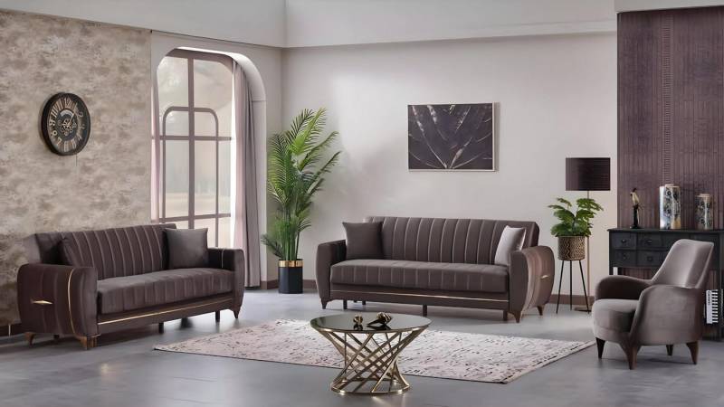 JVmoebel Polstergarnitur Moderne Sofagarnitur 3tlg Design Textil Braun Design 3+3+1 Wohnzimmer, (2x Sofa 3 Sitzer / Sessel), Made in Europa von JVmoebel