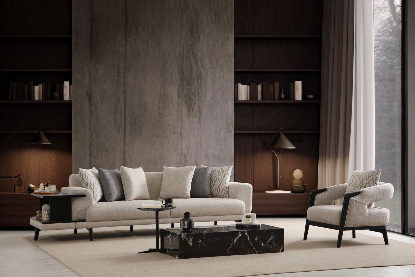 JVmoebel 3-Sitzer Moderner Beigefarbener Wohnzimmer-Set aus Holz mit Sofa und Sessel, 2 Teile, Made in Europe von JVmoebel