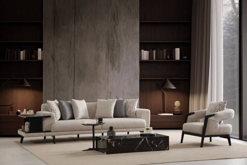 JVmoebel 3-Sitzer Moderner Beigefarbener Wohnzimmer-Set aus Holz mit Sofa und Sessel, 2 Teile, Made in Europe von JVmoebel