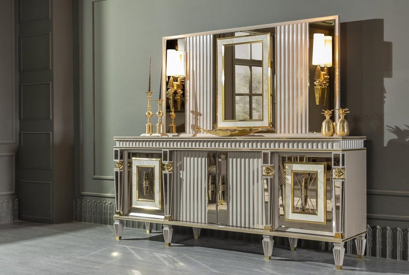 JVmoebel Anrichte Esszimmer Set Weiß Anrichte Spiegel Elegantes Design Metall Luxus von JVmoebel
