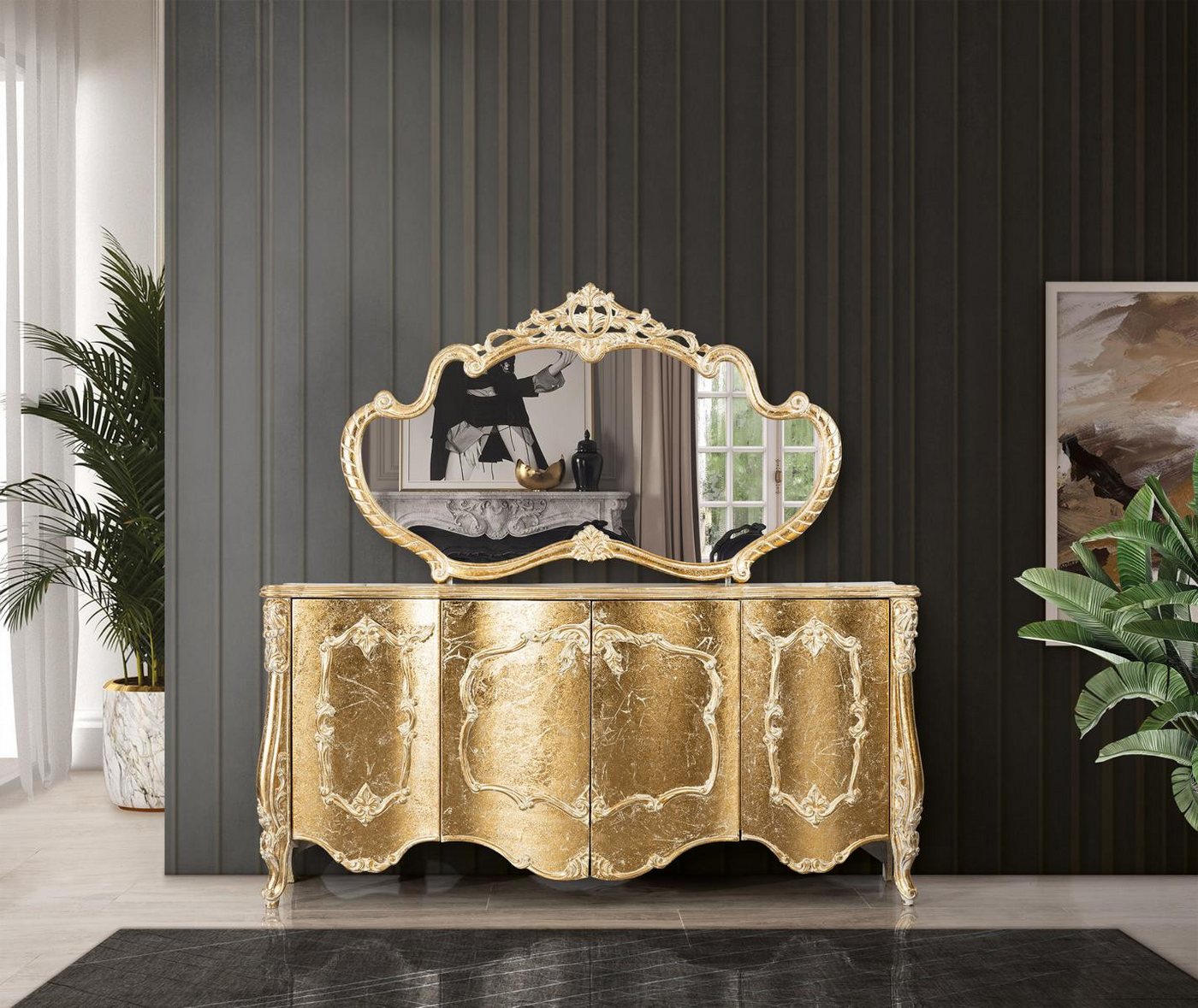 JVmoebel Anrichte Luxus Gold Design Kommode Spiegelschrank Set (2 St., Anrichte/Spiegel), Made in Europa von JVmoebel