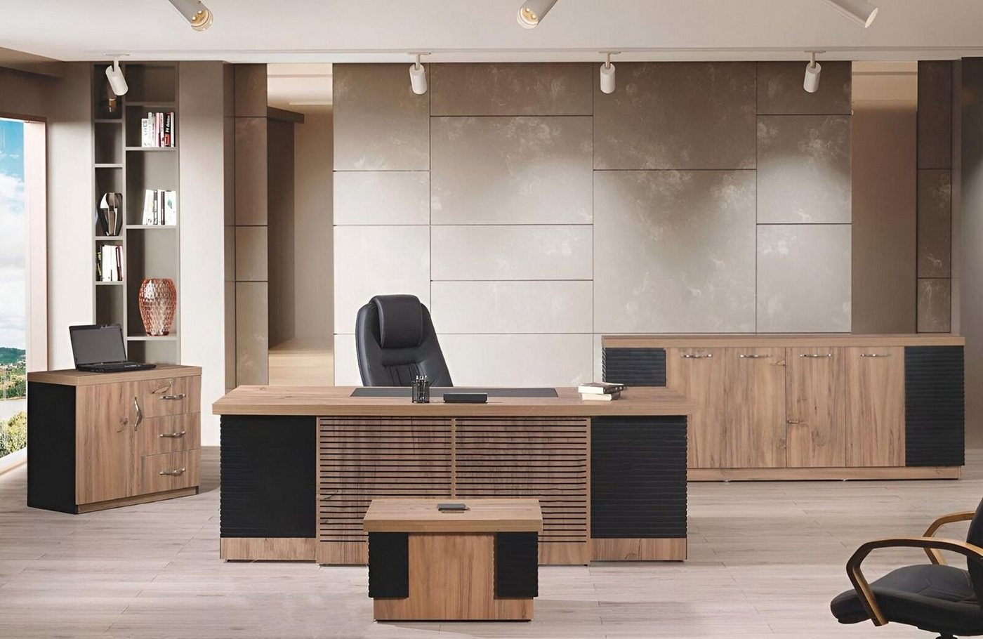 JVmoebel Arbeitstisch Arbeitszimmermöbel Büro Schreibtisch Bürotisch Set 4tlg Holz Braun (4-St., 1x Bürotisch + 1x Kommode + 1x Couchtisch + 1x Schrank ohne Sessel), Made in Europa von JVmoebel