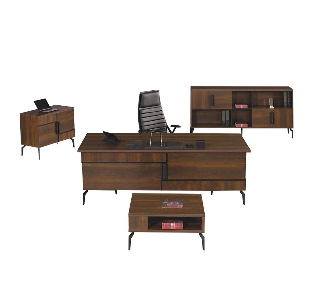 JVmoebel Arbeitstisch Arbeitszimmermöbel Büro Schreibtisch Bürotisch Set 4tlg Holz Braun (4-St., 1x Bürotisch + 1x Kommode + 1x Schrank + 1x Couchtisch ohne Sessel), Made in Europa von JVmoebel