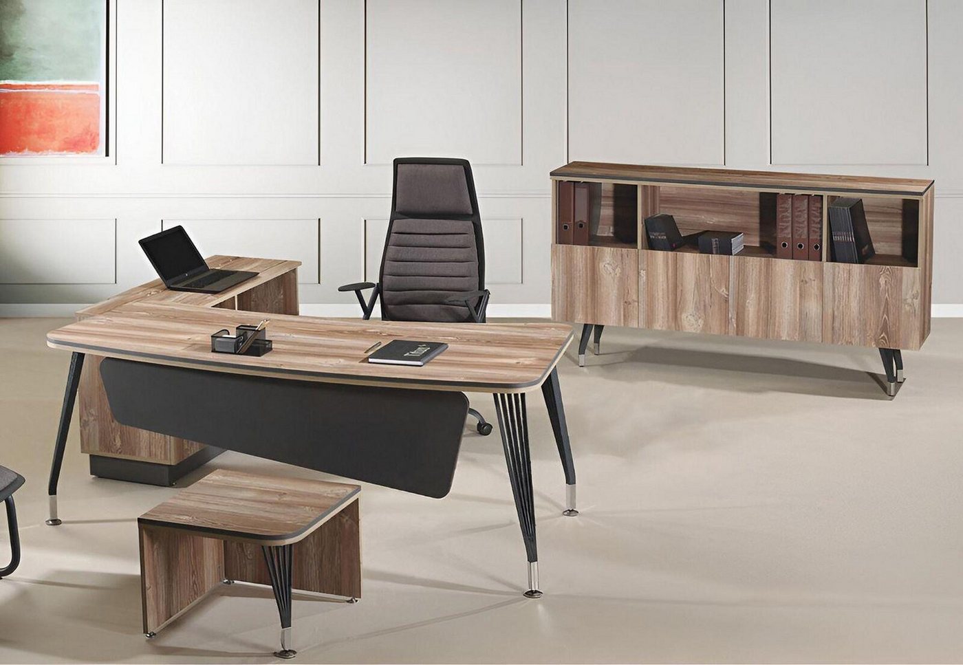 JVmoebel Büromöbel-Set Arbeitszimmermöbel Komplettbüro Eckbürotisch Büro 3tlg Holz Braun Set, (3-tlg., 1x Bürotisch + 1x Couchtisch + 1x Schrank ohne Sessel), Made in Europa von JVmoebel