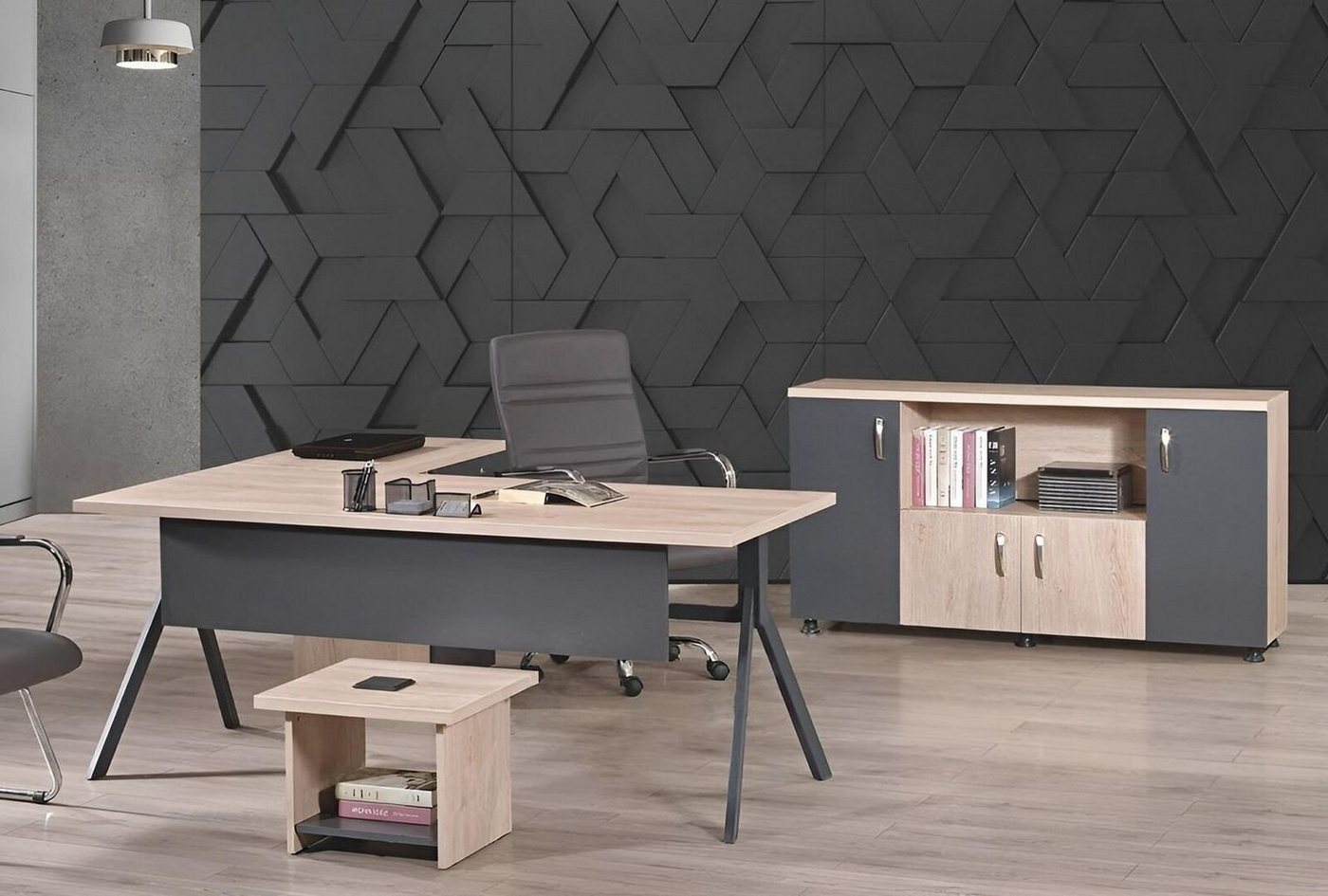 JVmoebel Arbeitstisch Arbeitszimmermöbel Komplettbüro Eckbürotisch Set 3tlg Holz Grau Tisch (3-St., 1x Bürotisch + 1x Couchtisch + 1x Schrank ohne Sessel), Made in Europa von JVmoebel