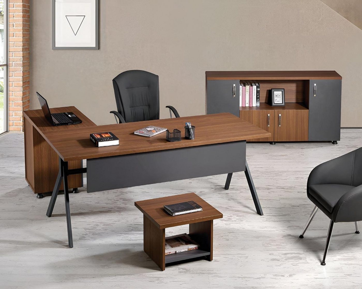 JVmoebel Arbeitstisch Arbeitszimmermöbel Komplettbüro Eckbürotisch Set 3tlg Holz Grau Tisch (3-St., 1x Bürotisch + 1x Couchtisch + 1x Schrank ohne Sessel), Made in Europa von JVmoebel