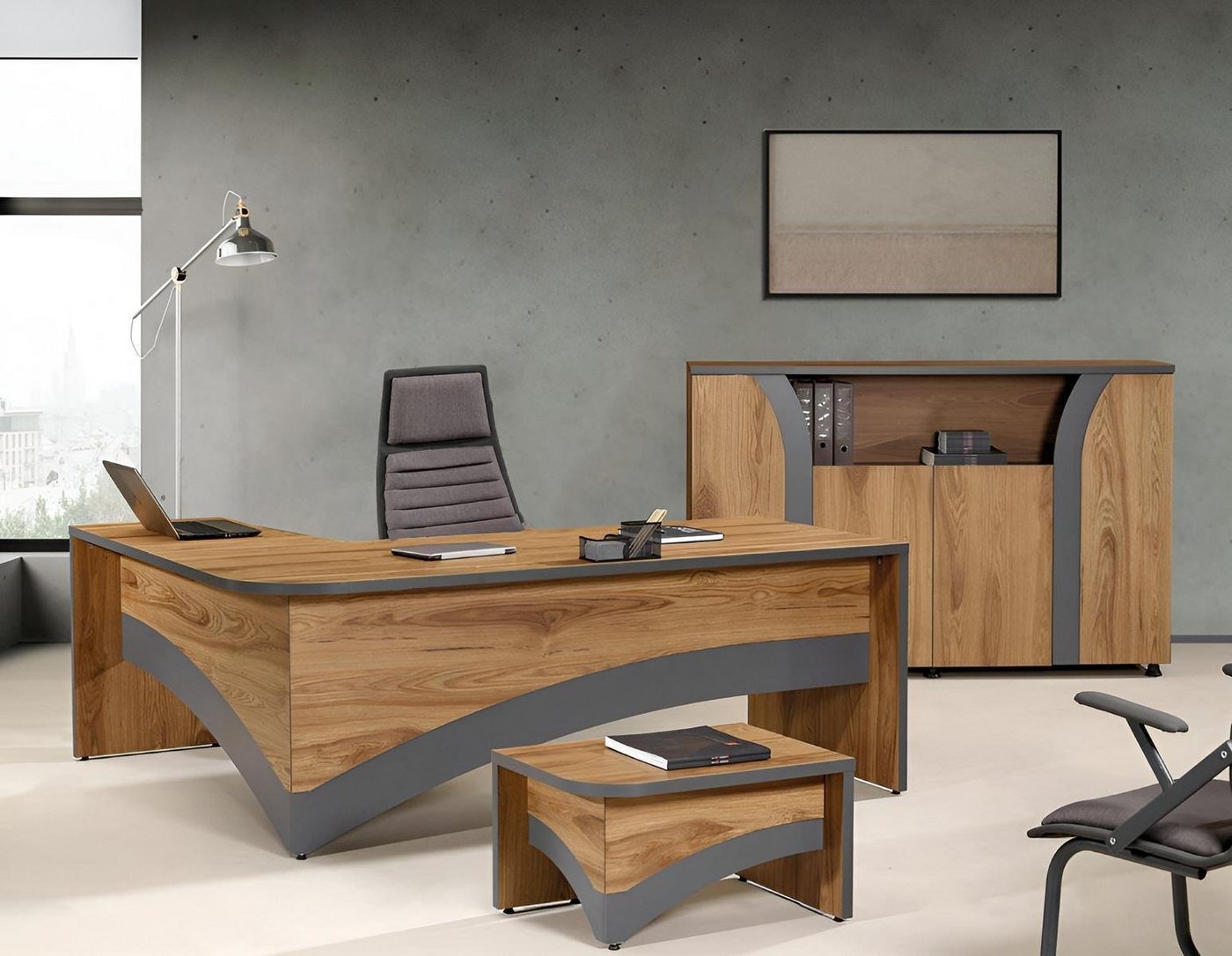 JVmoebel Arbeitstisch Büro Arbeitszimmermöbel Komplettbüro Eckbürotisch 3tlg Holz Braun Set (3-St., 1x Bürotisch + 1x Couchtisch + 1x Schrank ohne Sessel), Made in Europa von JVmoebel