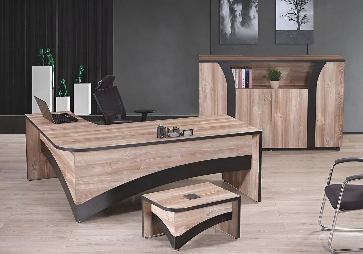 JVmoebel Arbeitstisch Büro Arbeitszimmermöbel Komplettbüro Eckbürotisch 3tlg Holz Braun Set (3-St., 1x Bürotisch + 1x Couchtisch + 1x Schrank ohne Sessel), Made in Europa von JVmoebel