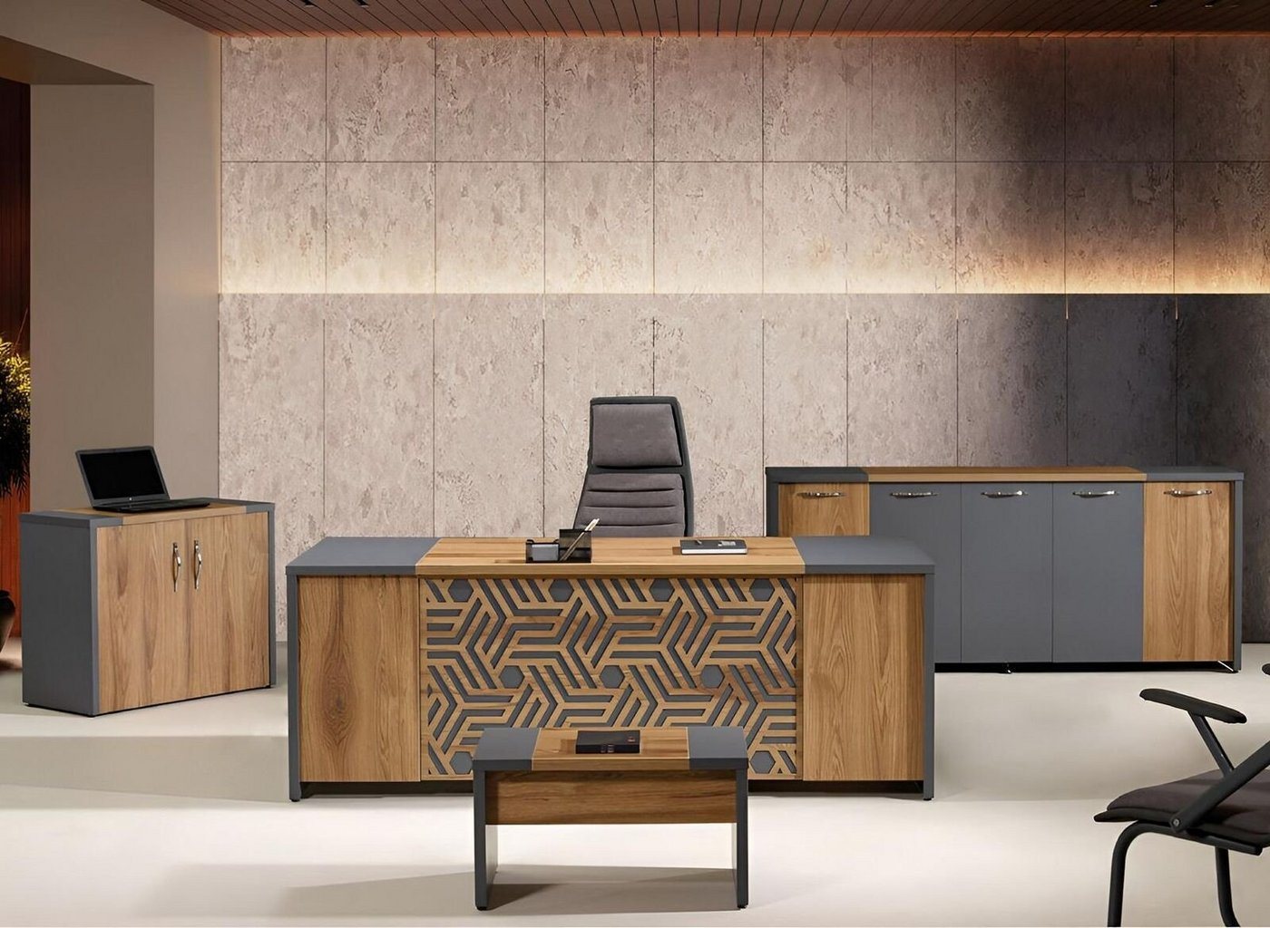 JVmoebel Arbeitstisch Büro Arbeitszimmermöbel Komplettbüro Schreibtisch 4tlg Holz Braun Set (4-St., 1x Bürotisch + 1x Couchtisch + 1x Schrank + 1x Kommode ohne Sessel), Made in Europa von JVmoebel