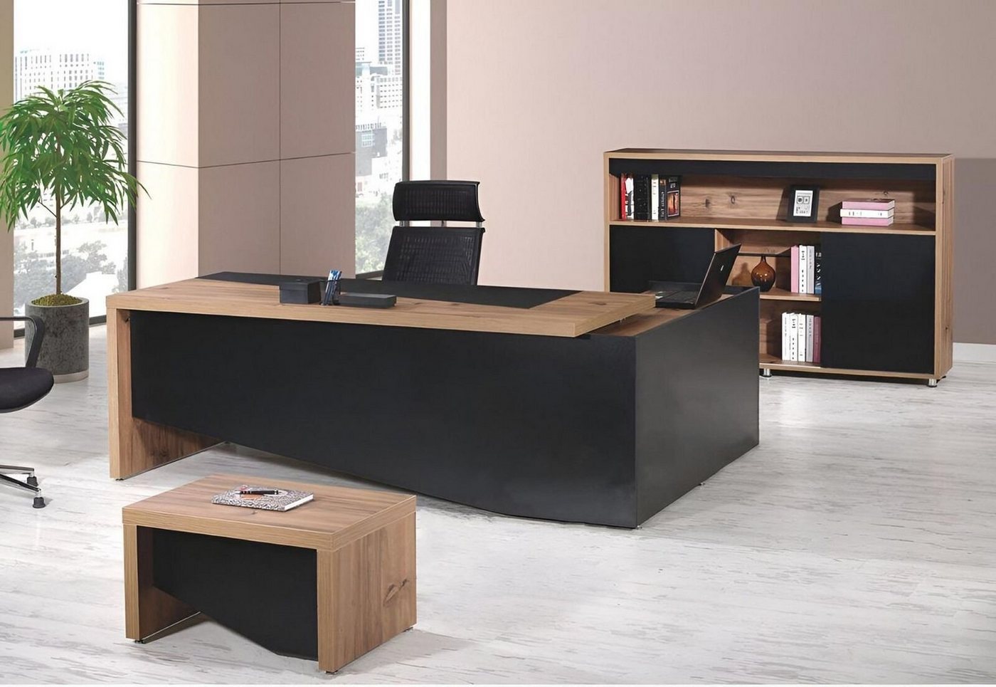 JVmoebel Arbeitstisch Büromöbel Komplettbüro Eckbürotisch Büro Bürotisch 3tlg Holz Schwarz (3-St., 1x Bürotisch + 1x Couchtisch + 1x Schrank ohne Sessel), Made in Europa von JVmoebel