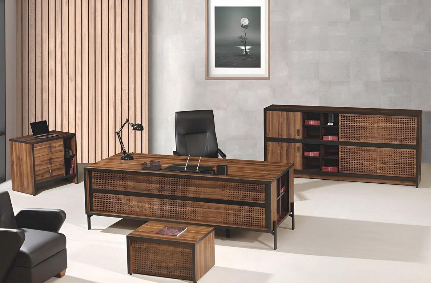 JVmoebel Arbeitstisch Büromöbel Komplettbüro Schreibtisch Büro Bürotisch Set 4tlg Holz Braun (4-St., 1x Bürotisch + 1x Kommode + 1x Couchtisch + 1x Schrank ohne Couchtisch), Made in Europa von JVmoebel