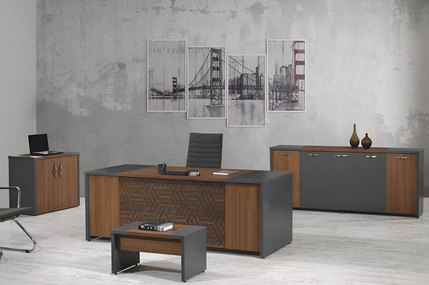 JVmoebel Arbeitstisch Bürotisch Büromöbel Komplettbüro Schreibtisch Set 4tlg Holz Braun Büro (4-St., 1x Bürotisch + 1x Couchtisch + 1x Schrank + 1x Kommode ohne Sessel), Made in Europa von JVmoebel