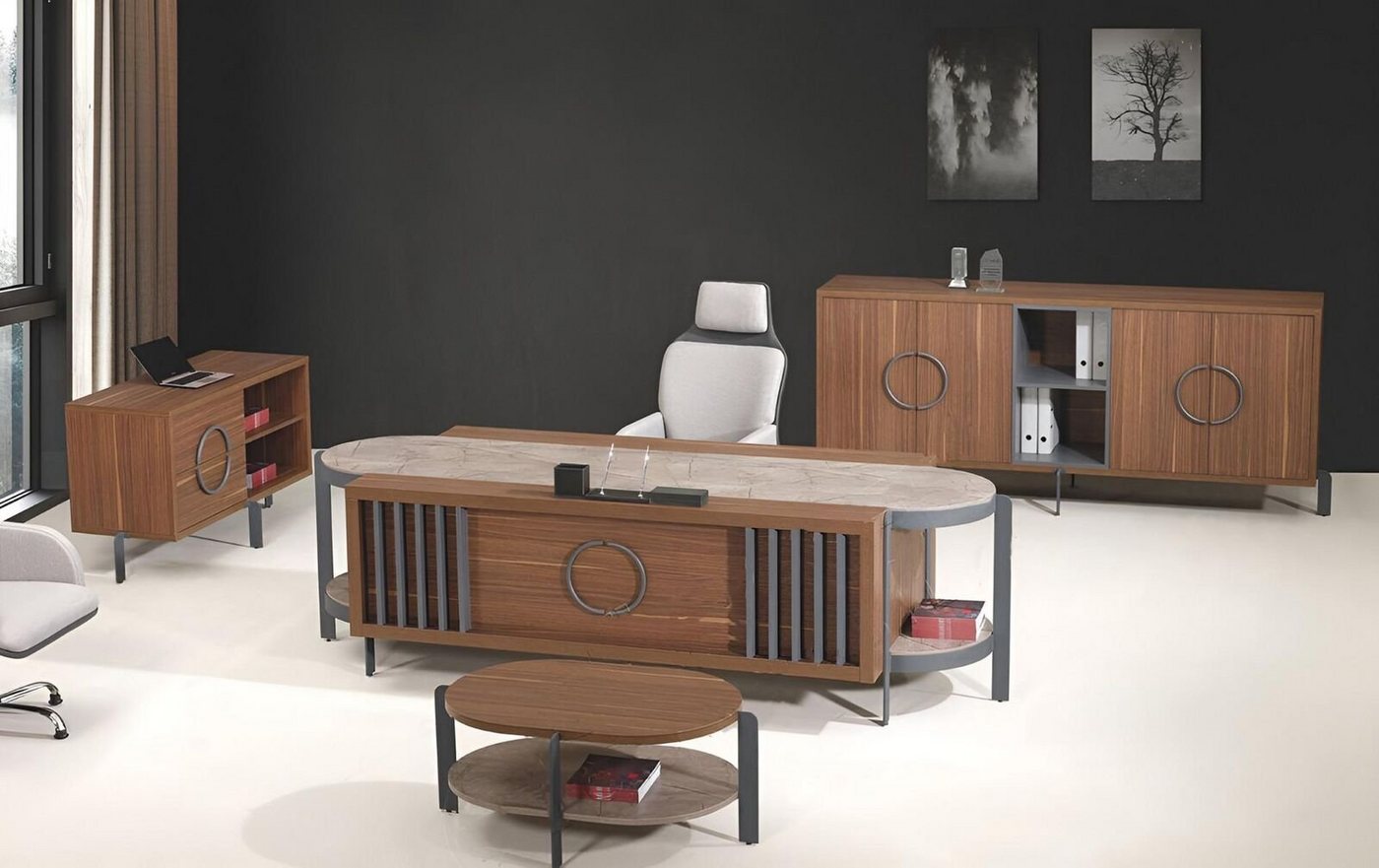 JVmoebel Büromöbel-Set Bürotisch Gruppe Büro Schreibtisch Set 4tlg Holz Braun Kommode Groß, (4-tlg., 1x Bürotisch + 1x Kommode + 1x Couchtisch + 1x Schrank ohne Sessel), Made in Europa von JVmoebel